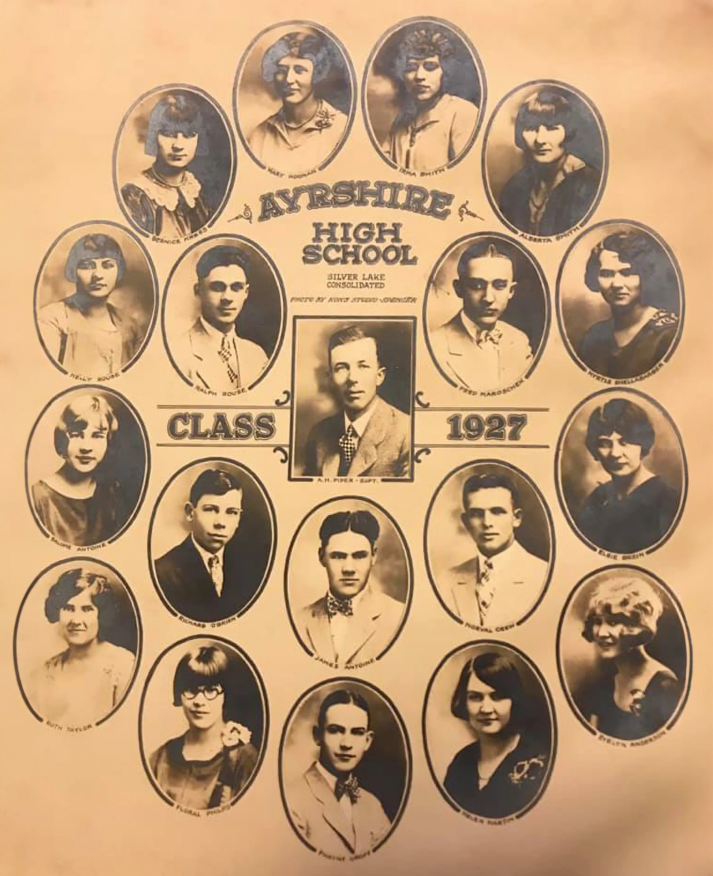 Historic portrait of the Ayrshire Consolidated School Class of 1927