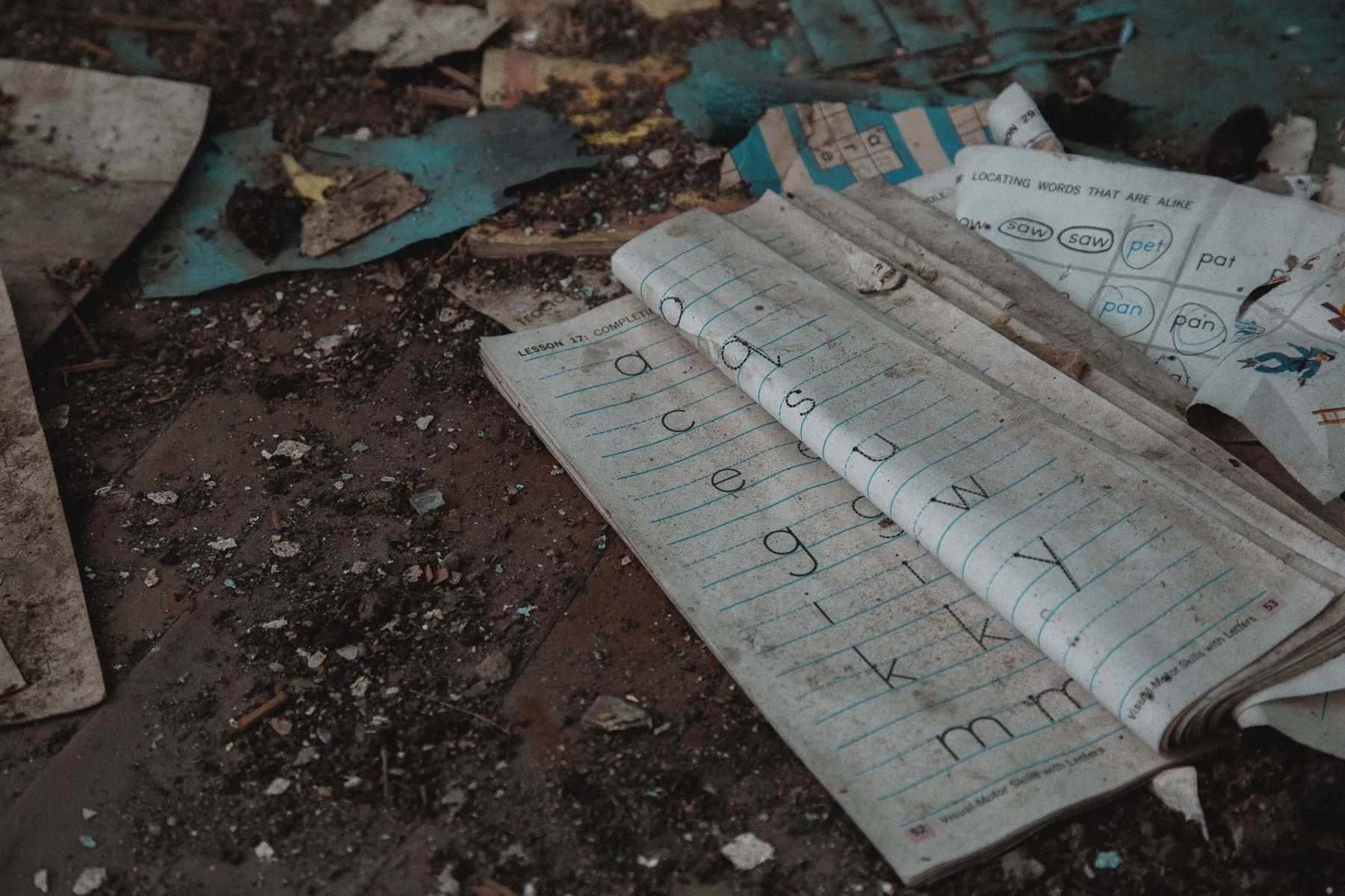 Handwriting practice book left behind inside Ayrshire Consolidated School