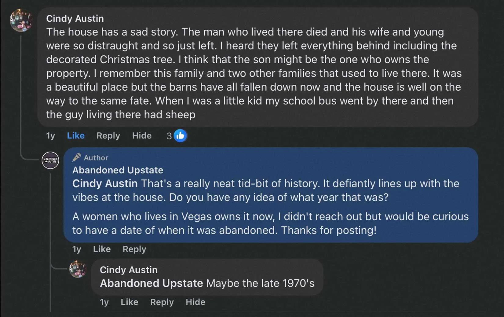 2023 Facebook comment detailing history of The Cadillac House (Abandoned Upstate)