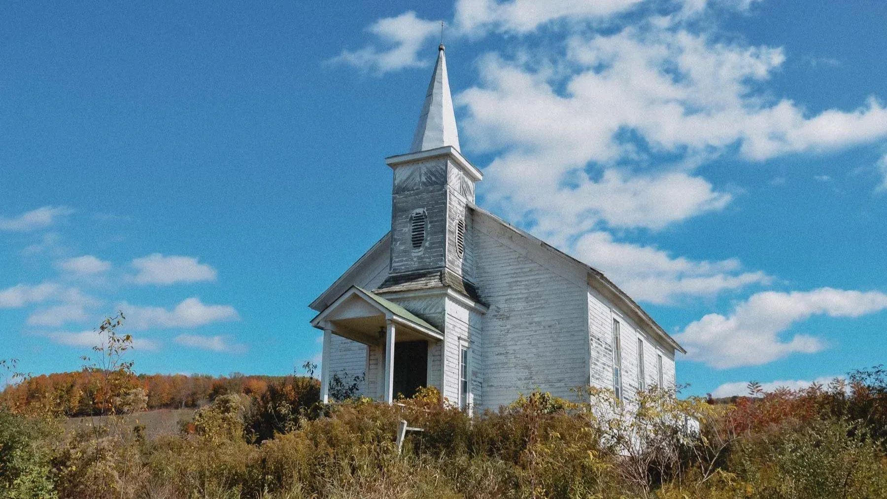 Exterior of the abandoned Cadis Baptist Church along Warren Center Road