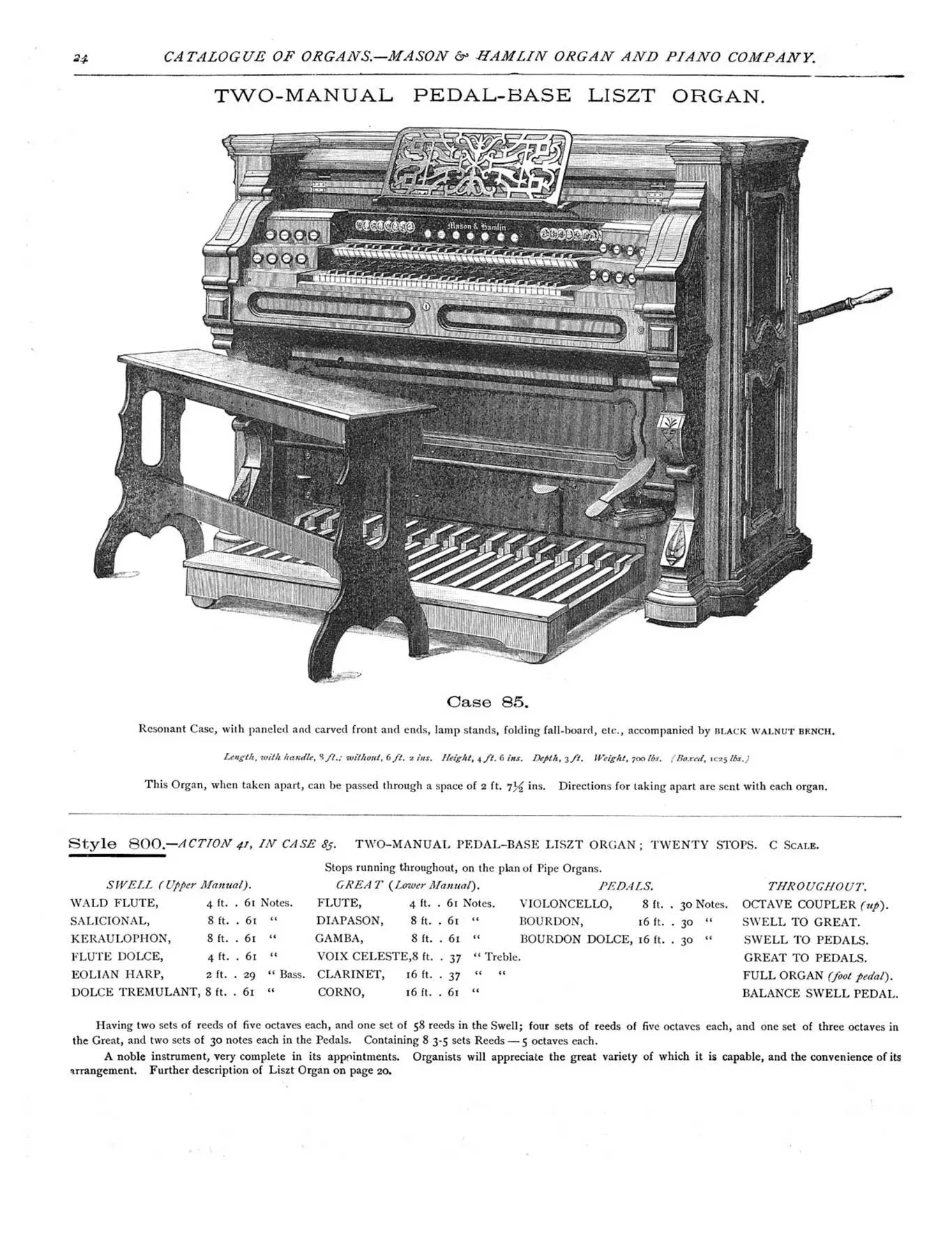 1892 Mason & Hamlin catalog page describing the Style 800 organ
