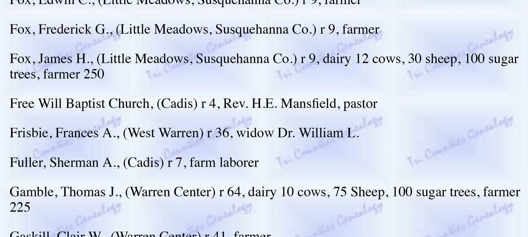 1900 Bradford County directory listing Cadis Baptist Church and Rev. H. E. Mansfield