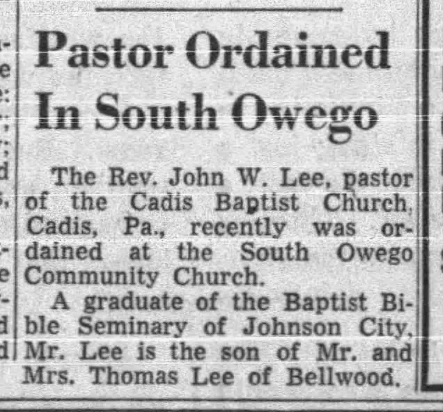 1957 Press & Sun-Bulletin clipping announcing Rev. John W. Lee at Cadis Baptist Church