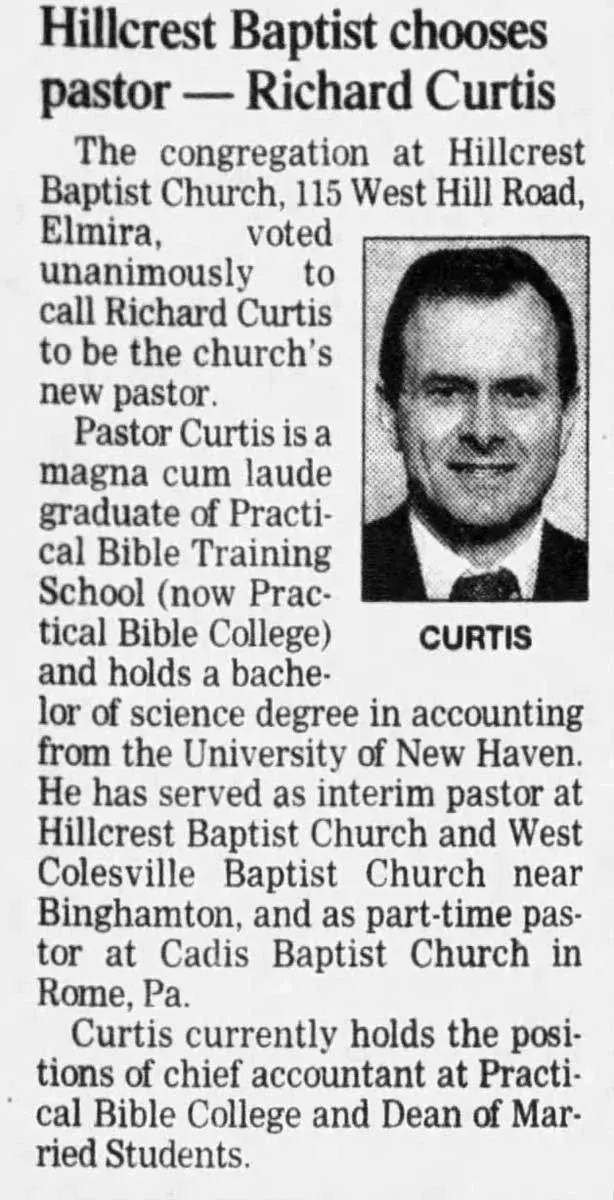 1999 Star-Gazette newspaper clipping featuring Pastor Richard Curtis of Cadis Baptist Church
