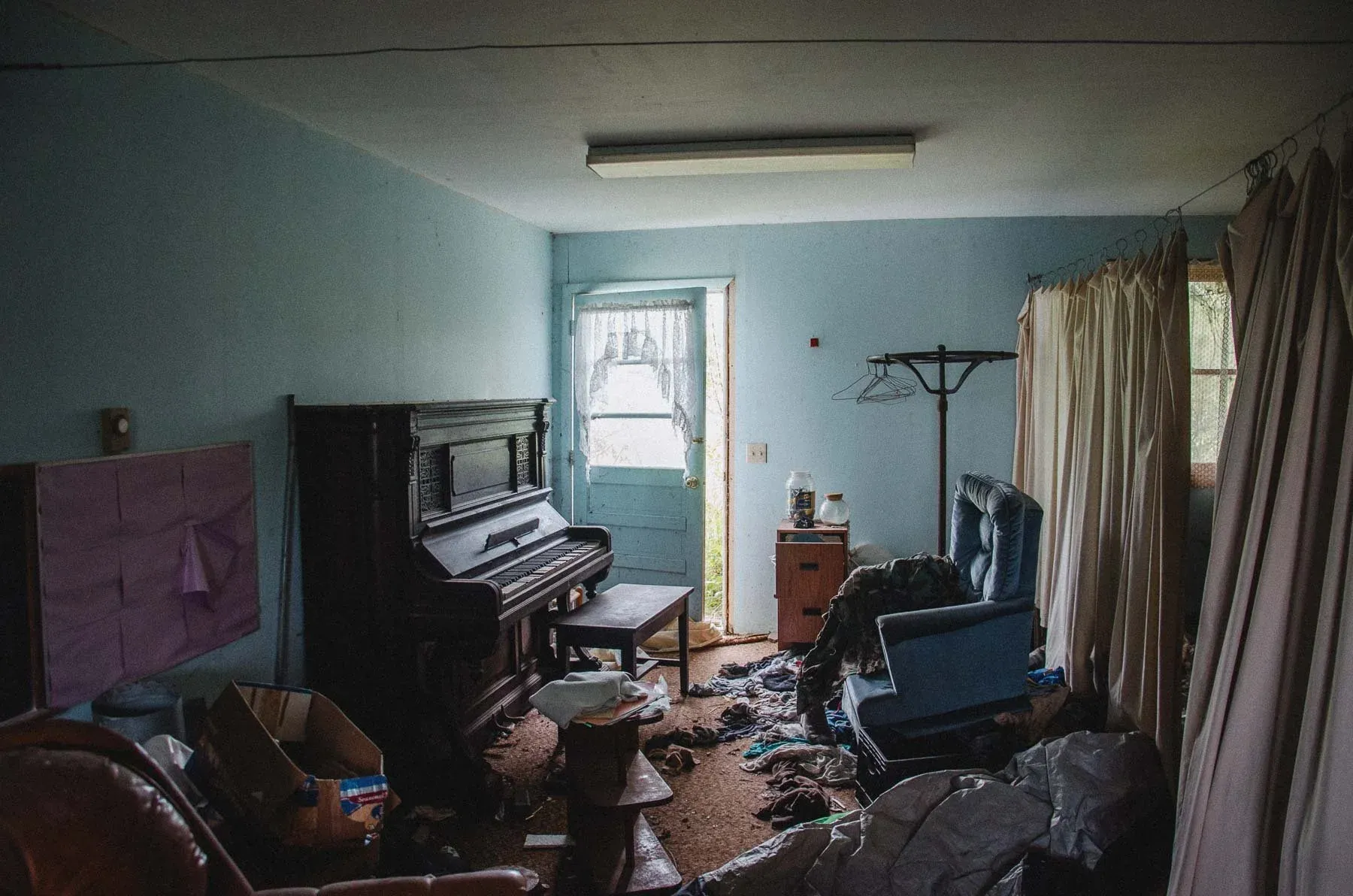 Sunlit upright piano used for Sunday school in Cadis Baptist Church