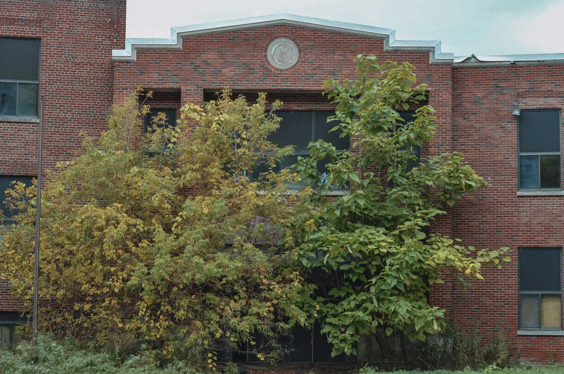 Main entrance of the abandoned Charlotte Kenyon Elementary School in Chenango Forks