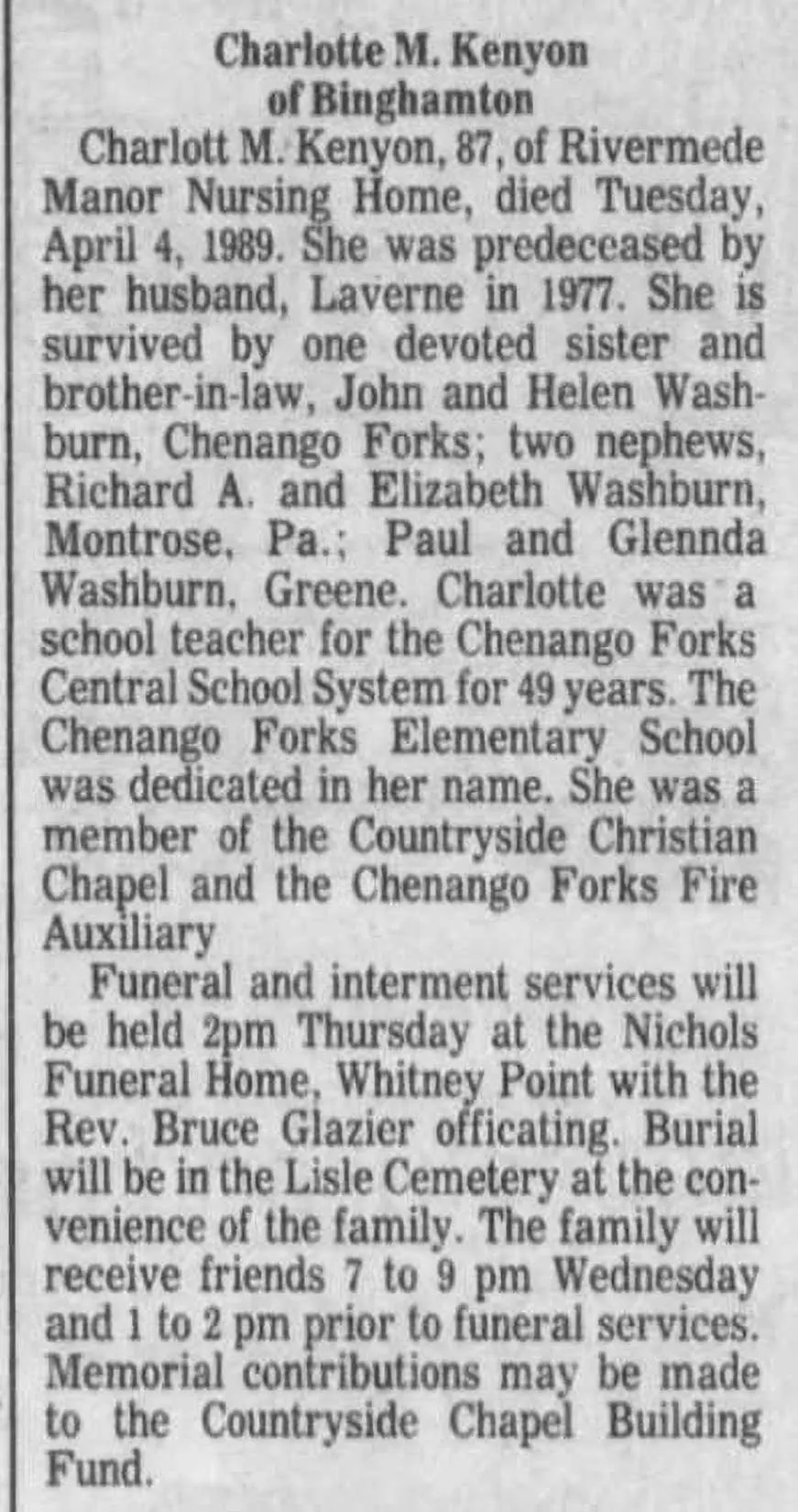 Historic newspaper clipping discussing Charlotte Kenyon Elementary School