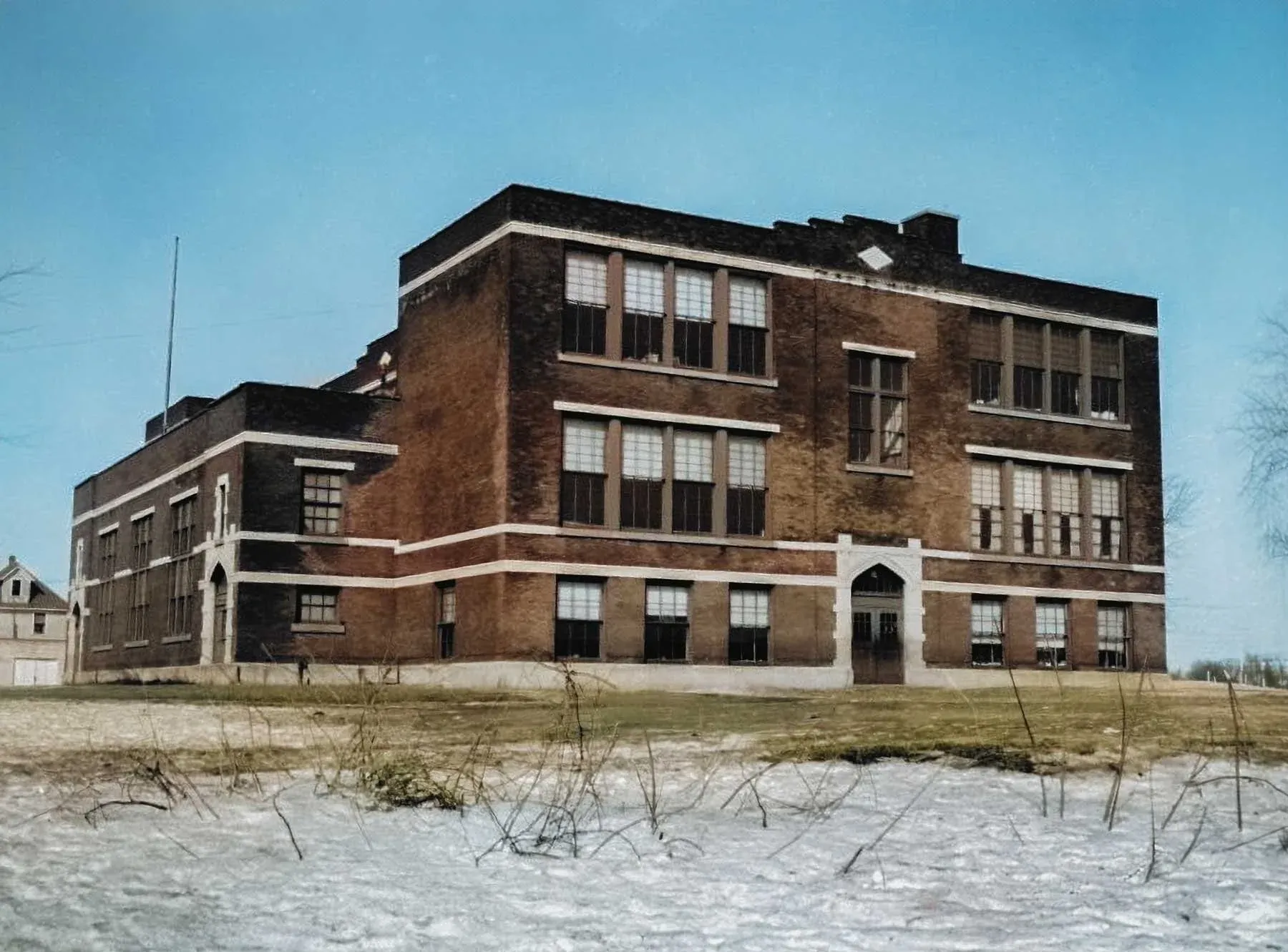 Historic 1945 exterior photograph of Columbus School in Rome, New York