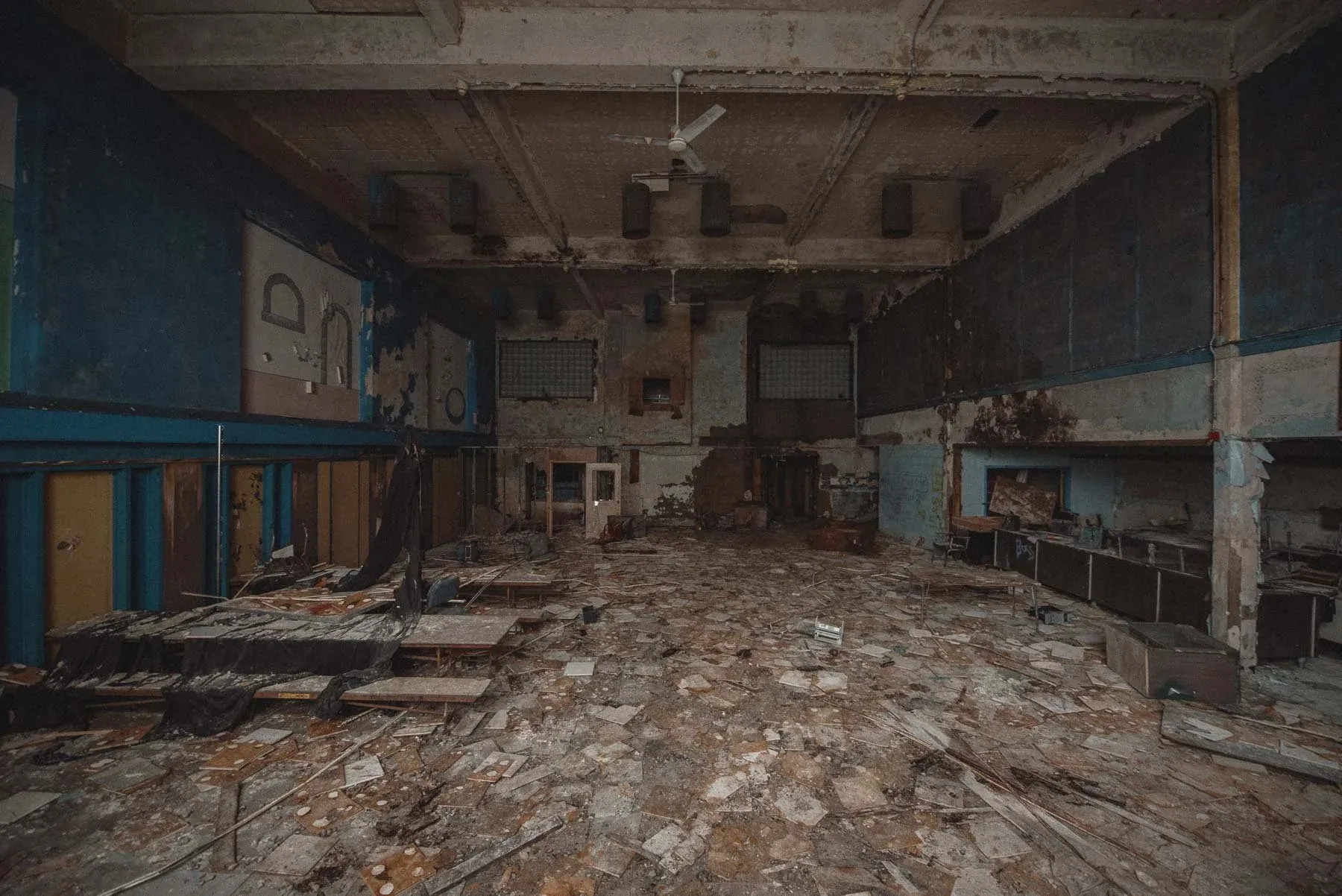 Elementary cafeteria serving lines inside the abandoned Columbus School