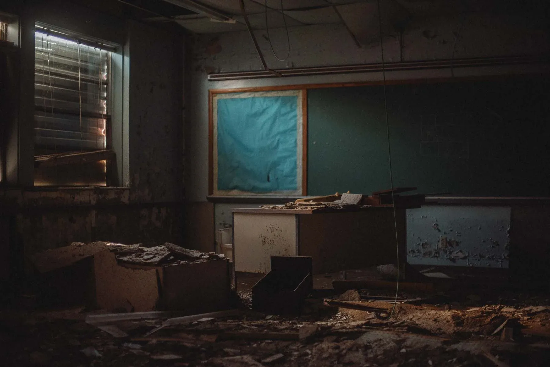 Teacher's desk left behind in an upstairs classroom at the abandoned Columbus School