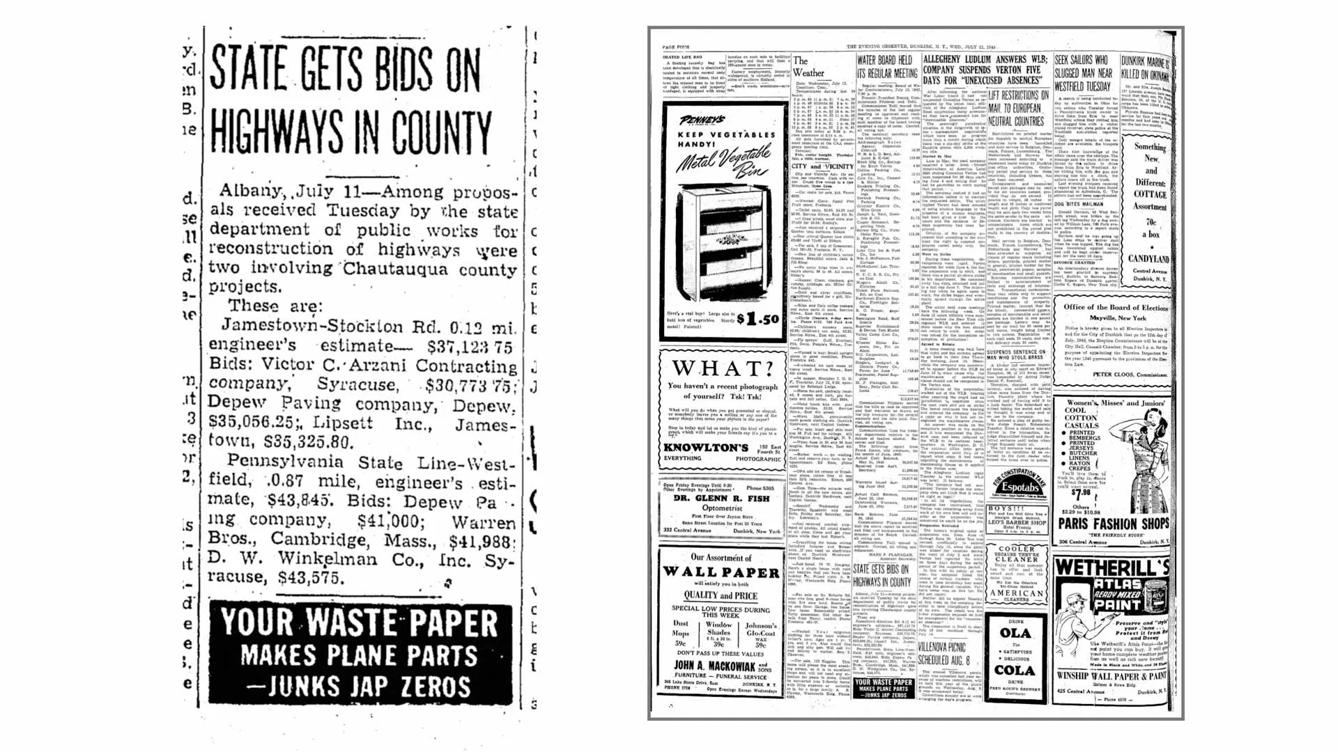 1945 newspaper article announcing a New York State bid involving D.W. Winkelman Co.