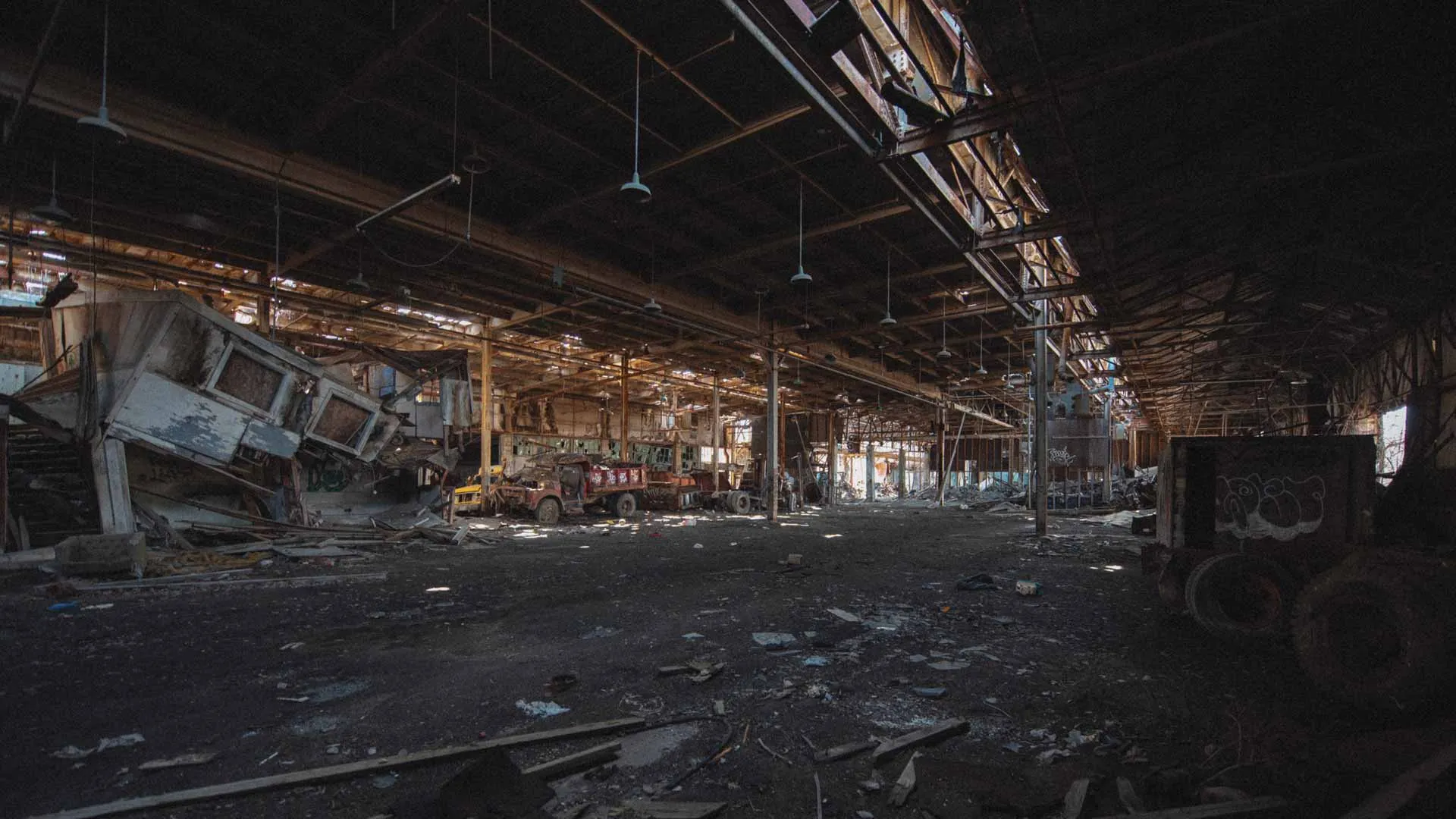 Collapsed interior office structure inside the abandoned D.W. Winkelman Co. warehouse