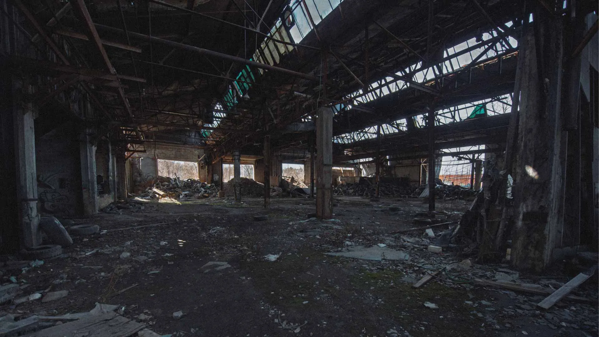 Sawtooth clerestory windows lighting the work bays inside the abandoned D.W. Winkelman Co. warehouse