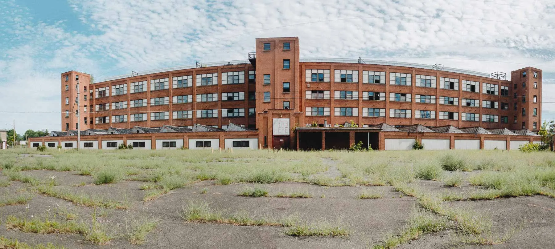 Oblique July 2016 view of the Fair Play Factory stretching along North Page Avenue