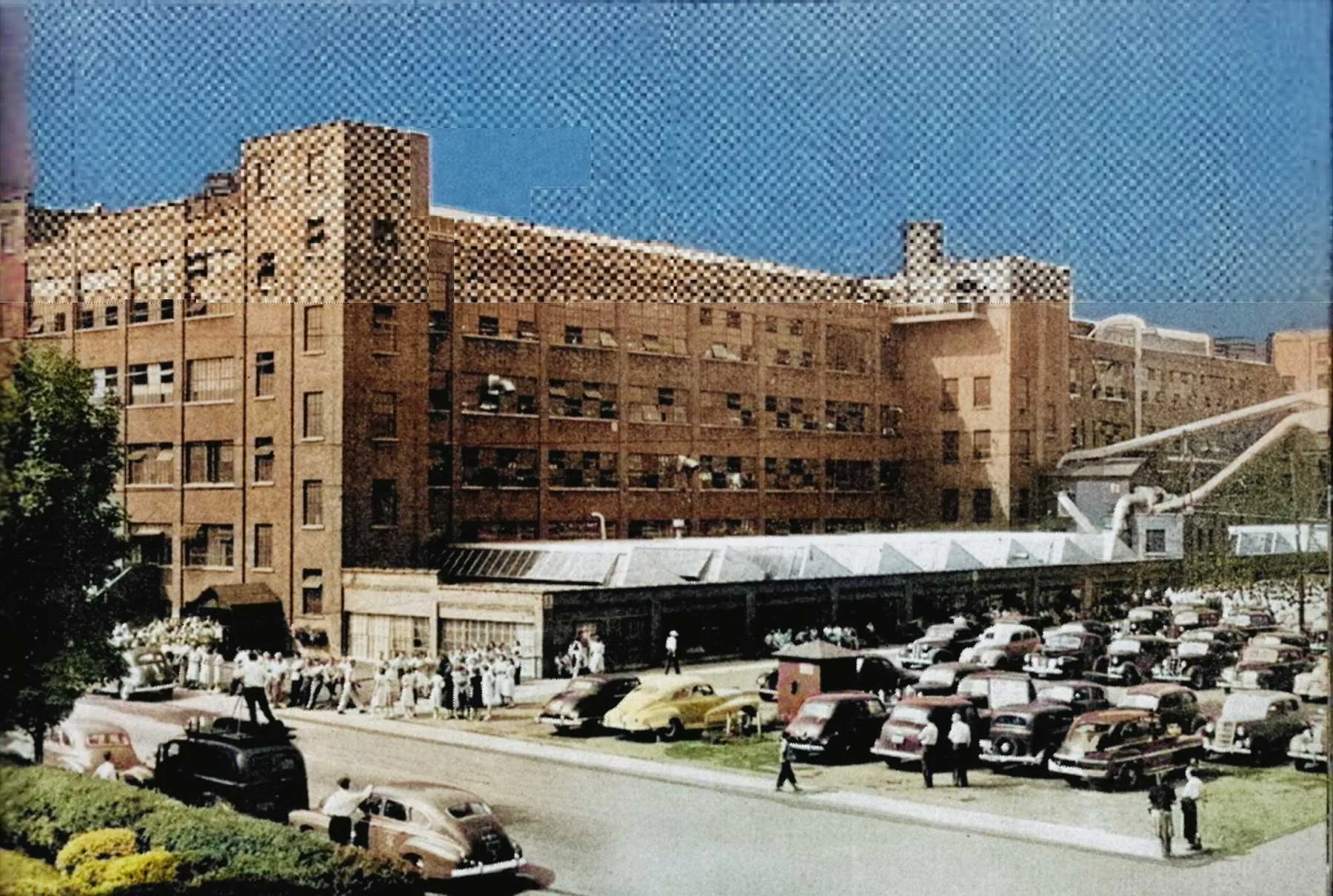 Historic 1930s postcard showing the Fair Play Factory complex in operation