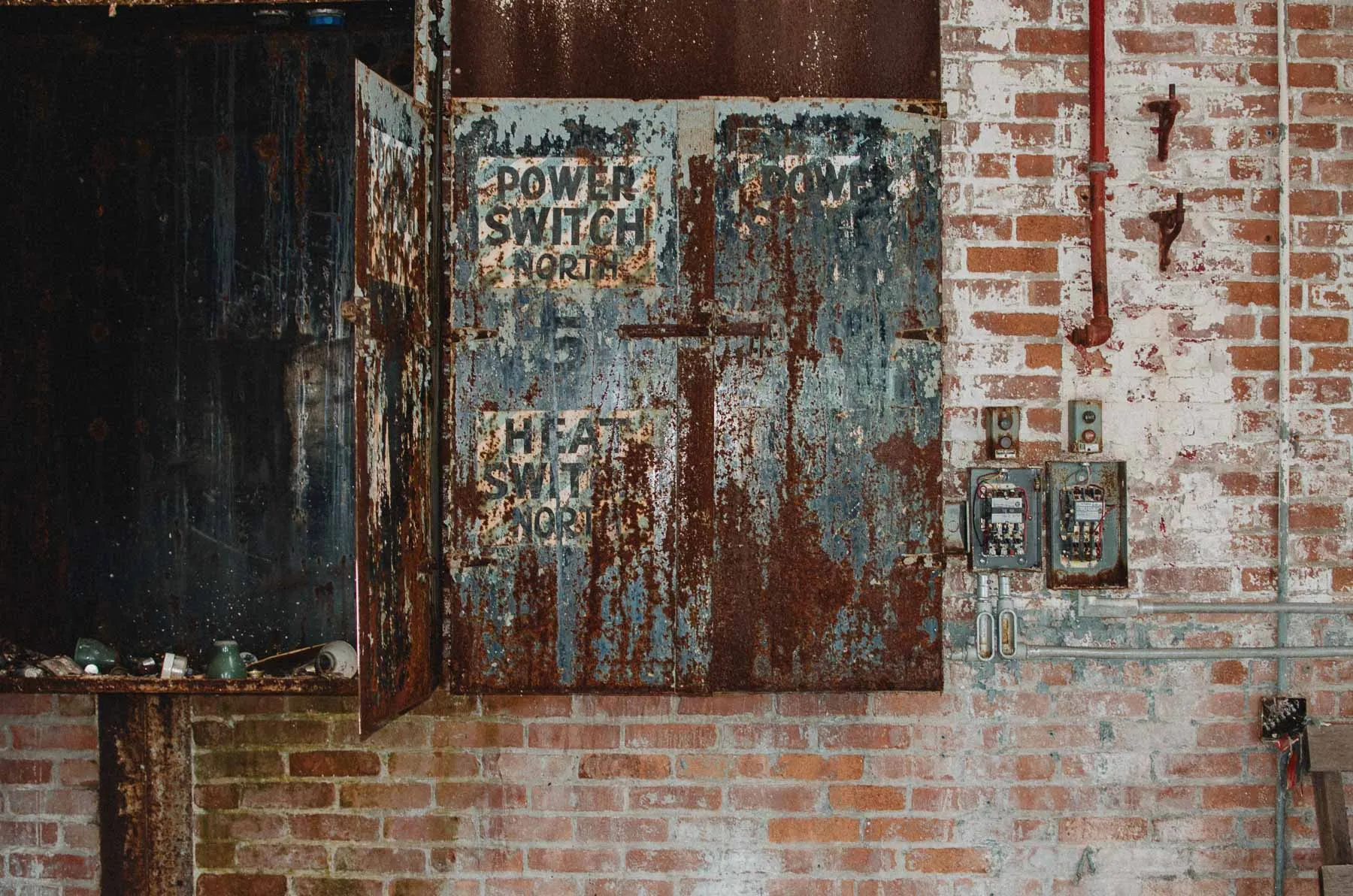 Electrical switch bank on the north end of the Fair Play Factory