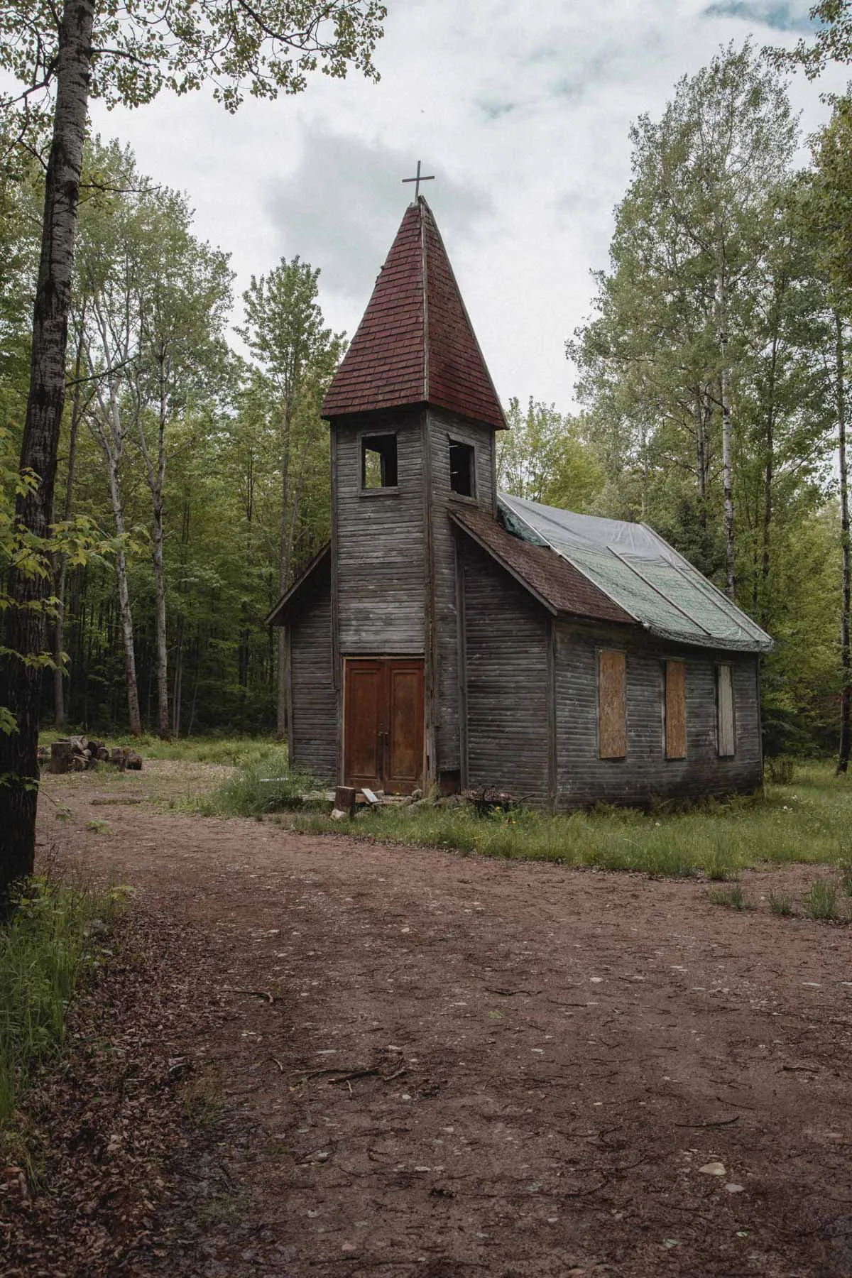 Rural view looking toward the Estonian Evangelical Martin Luther Church in Wisconsin