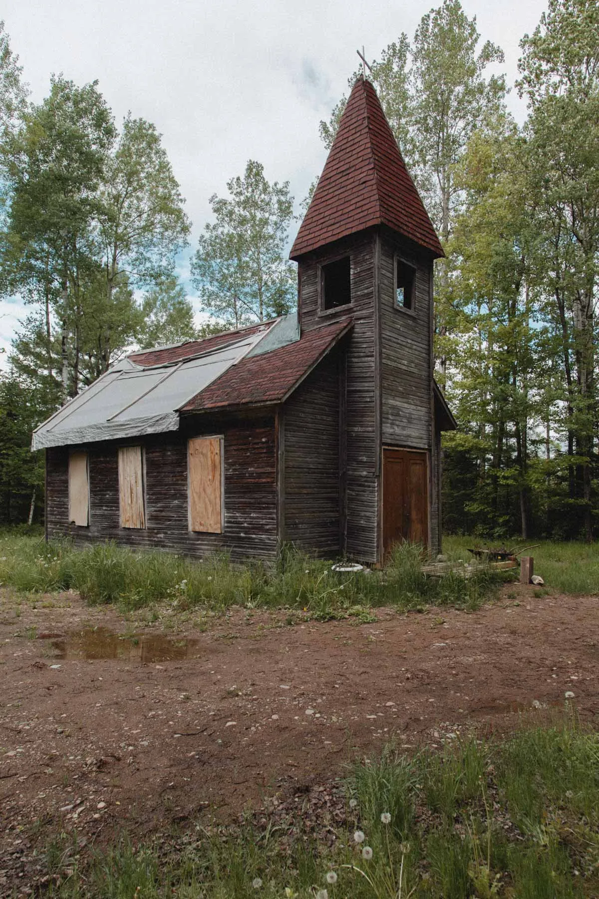 Weathered facade and steeple of the Estonian Evangelical Martin Luther Church