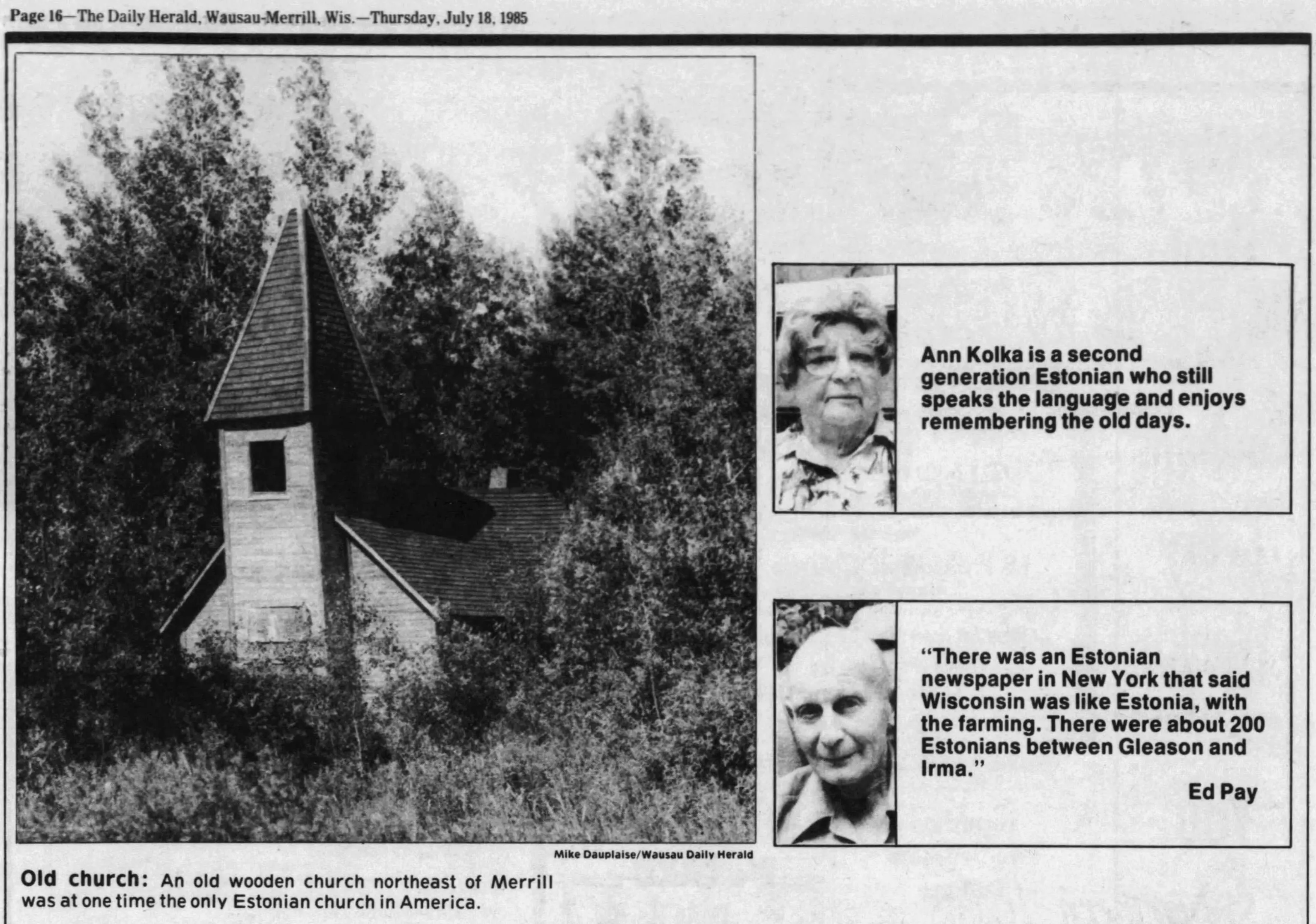 Wausau Daily Herald article about the Estonian Evangelical Martin Luther Church from July 1985