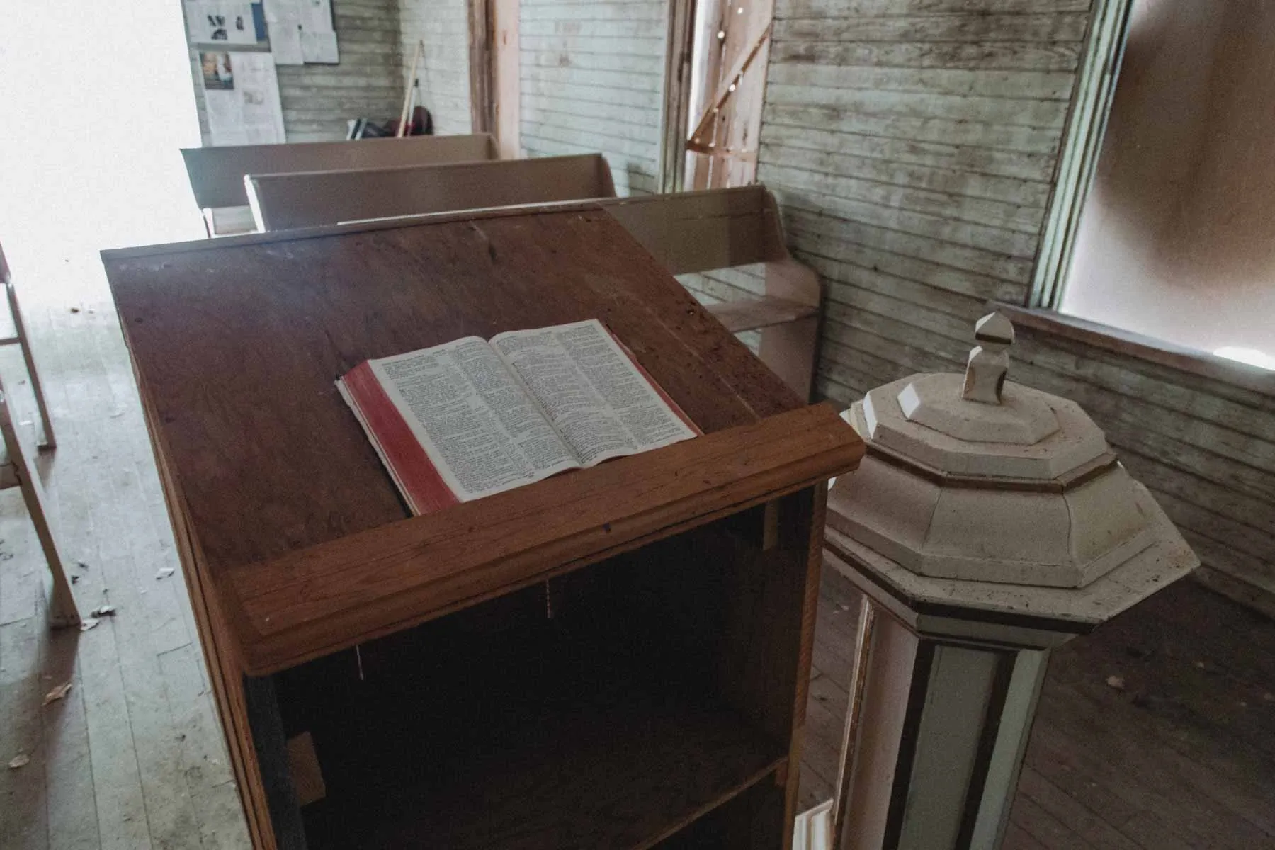 Lectern holding a worn Bible inside the Estonian Evangelical Martin Luther Church