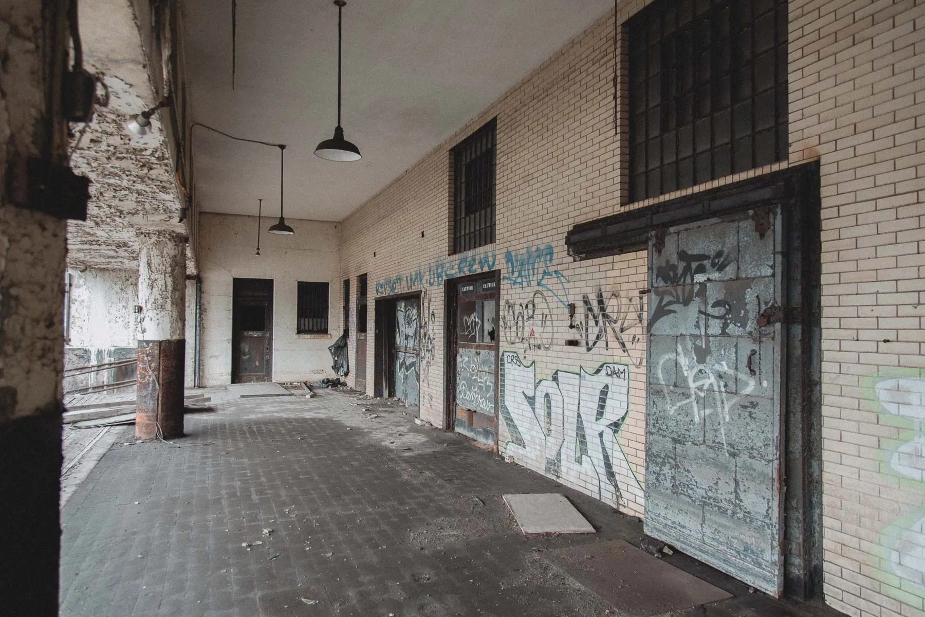 Loading dock doors facing the rail spur at the Gary United States Post Office