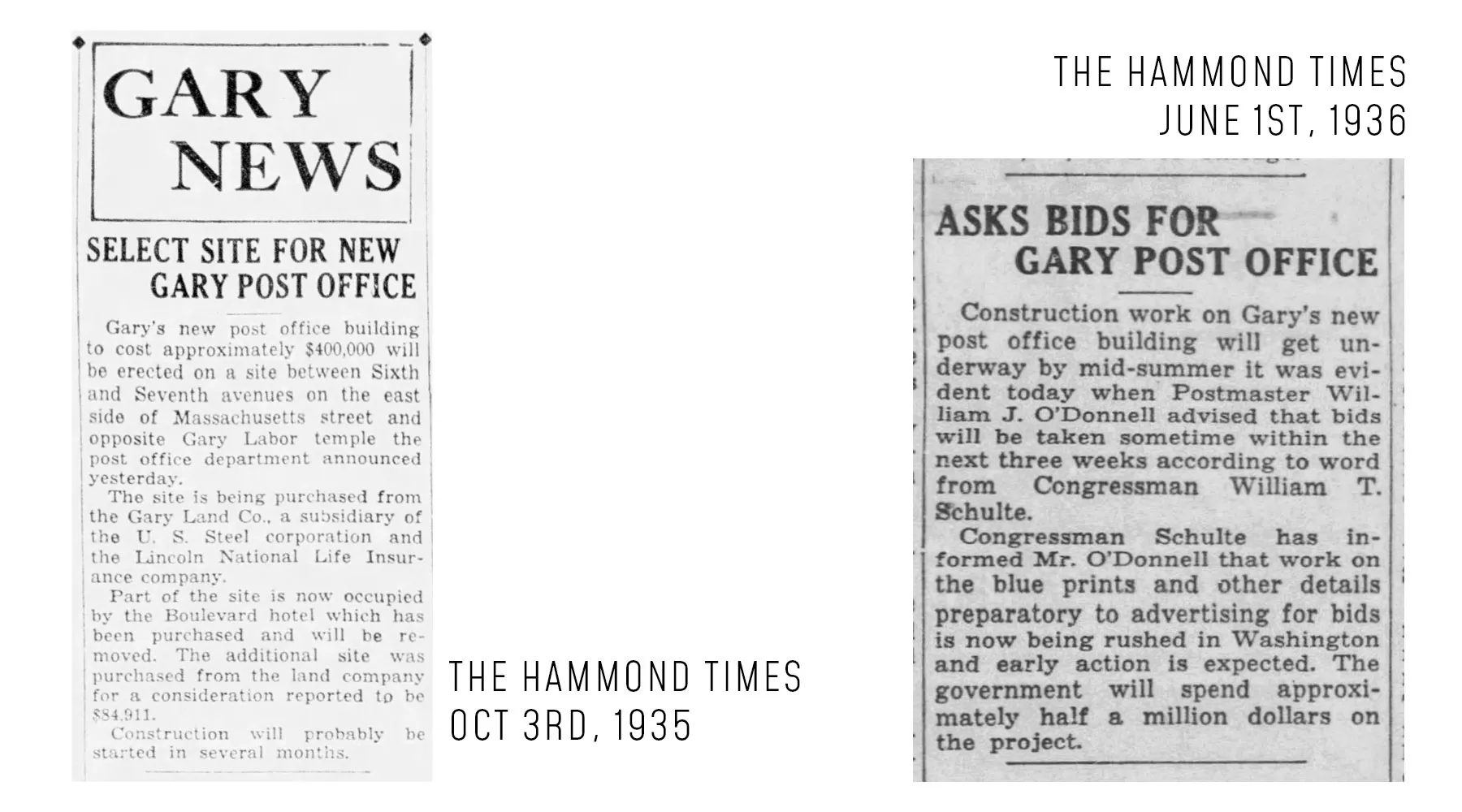 1935-1936 newspaper clippings announcing the Gary United States Post Office