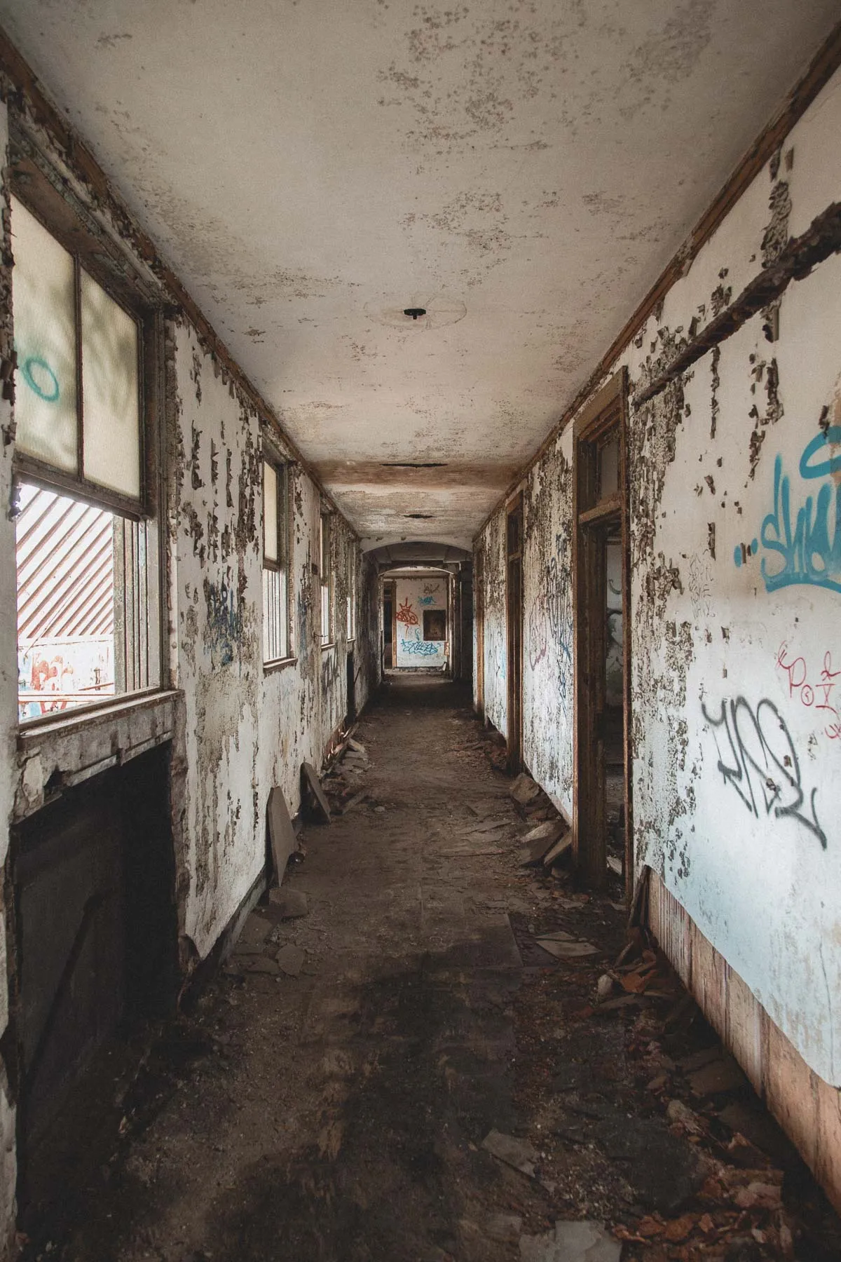 Graffiti-lined hallway inside the Gary United States Post Office