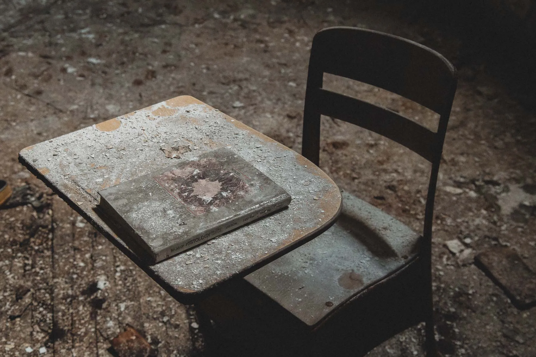 Abandoned school desk in the lobby of the Gary United States Post Office
