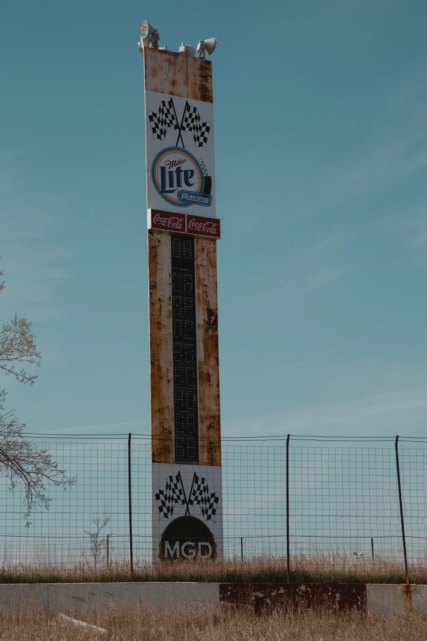 Rusting Miller Lite branded scoreboard at the abandoned I-94 Speedway