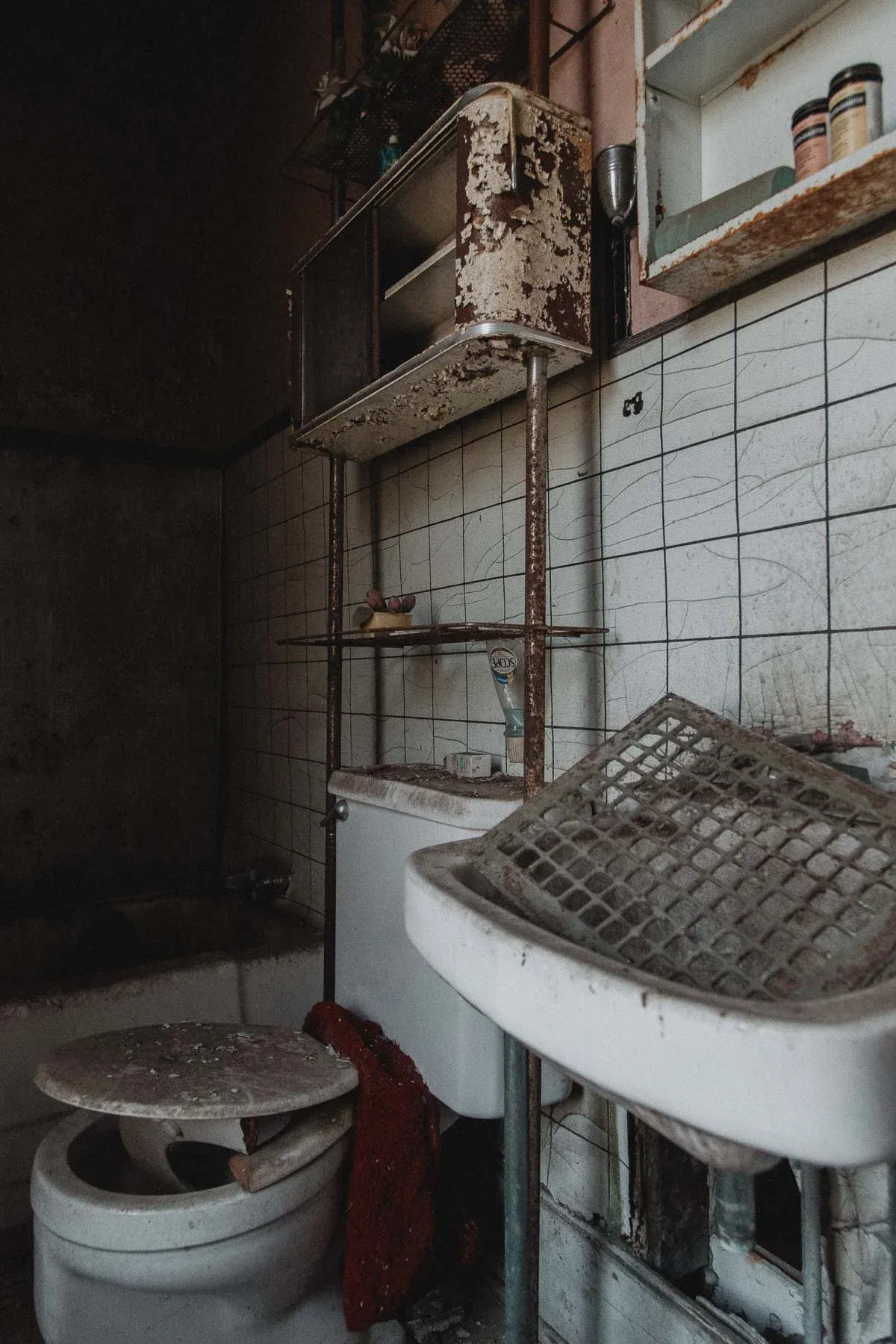 Freestanding medicine cabinet inside Landwehr Century Farm bathroom