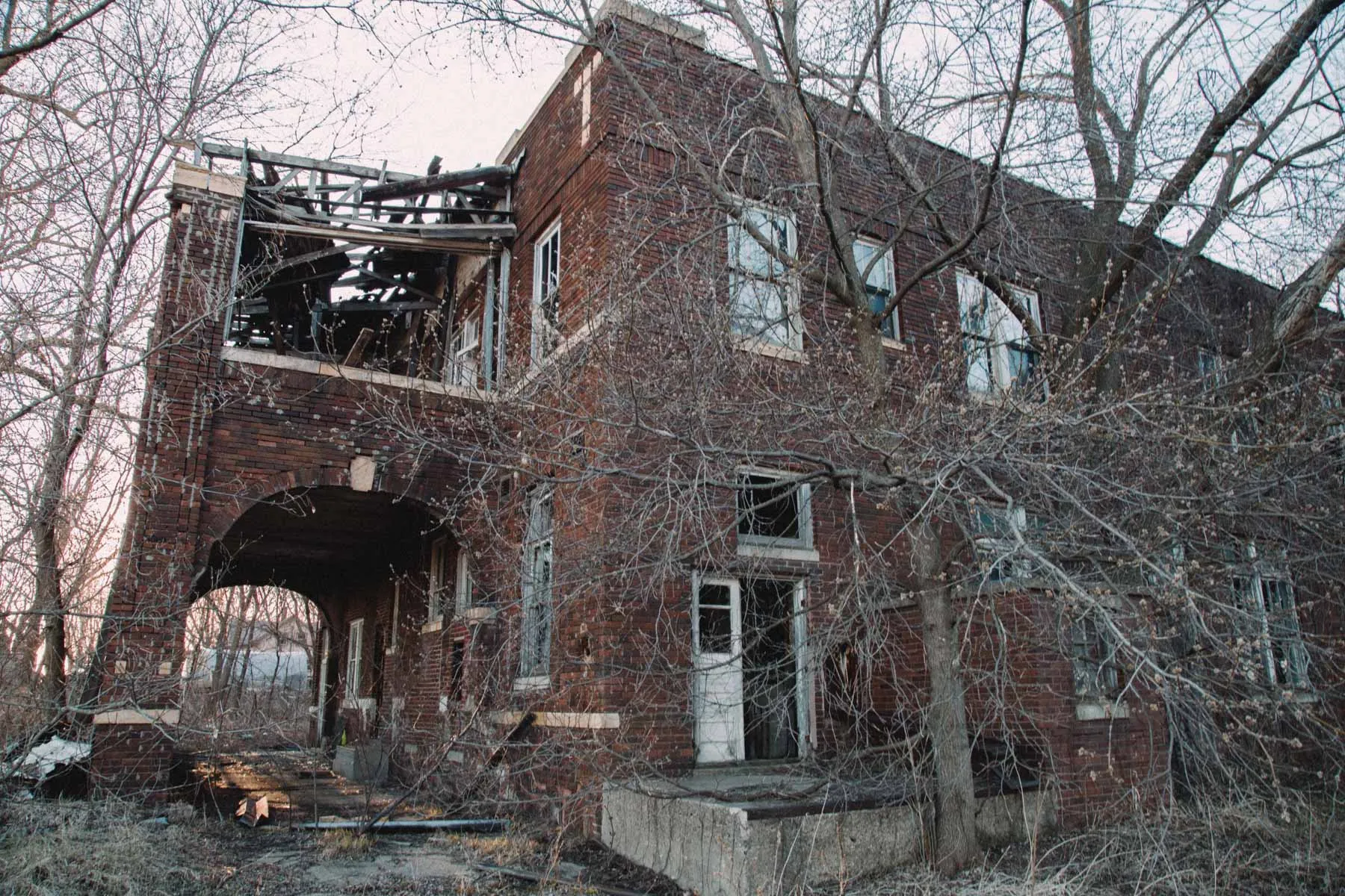 Interior staircase leading up to Moland Hall inside the creamery