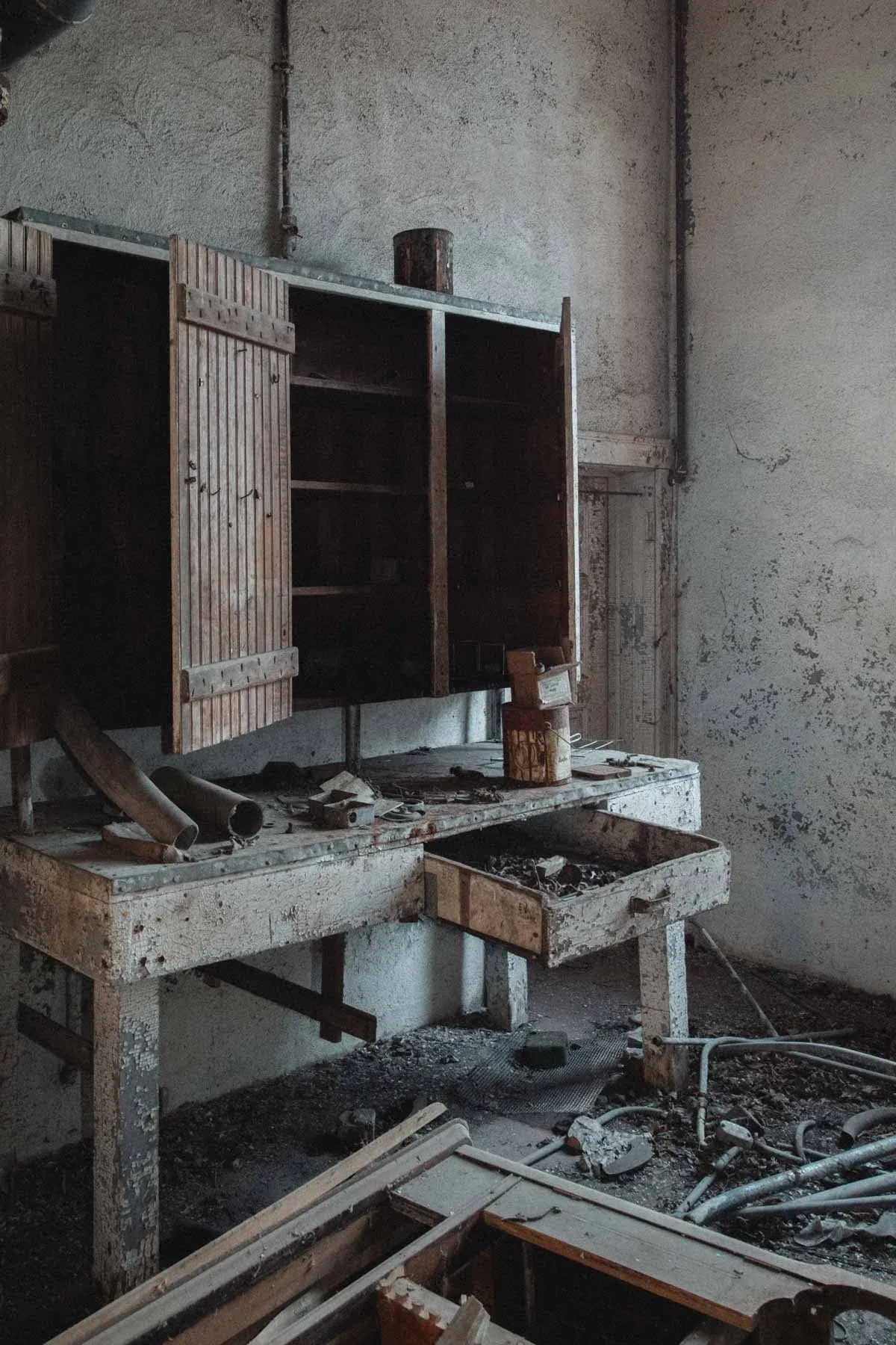 Workbench inside Moland Creamery with tools and supplies left behind