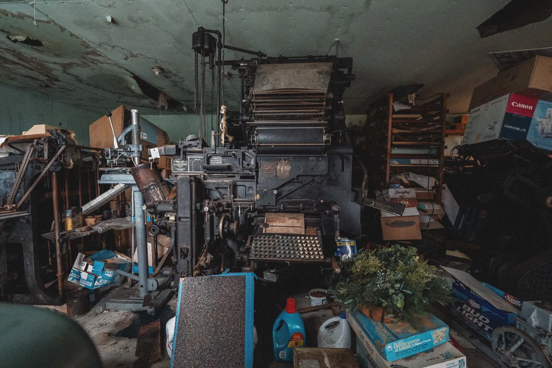 Linotype print machine inside the Ransom House