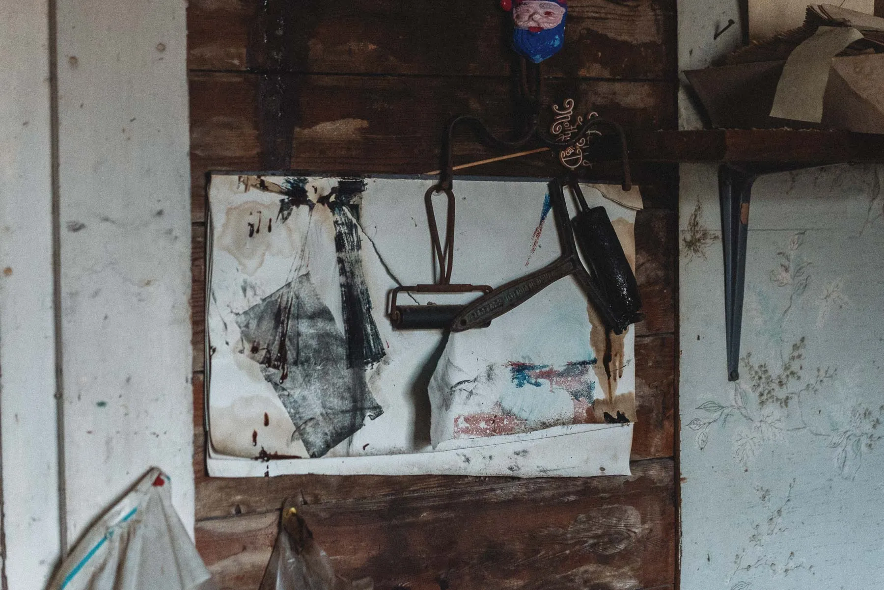 Ink stained brayer rollers inside the Ransom House print shop