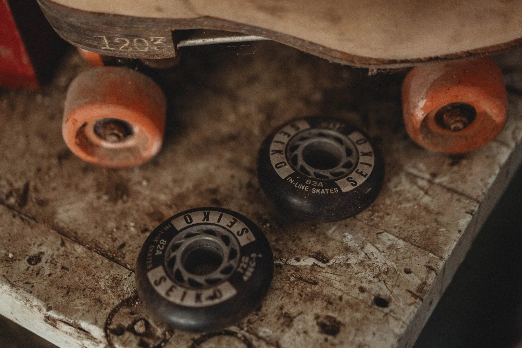 Seiko 82A inline skate wheels inside the abandoned roller rink, Western New York