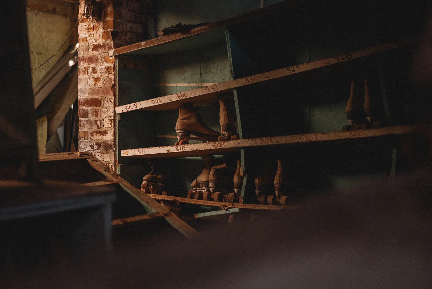 Roller skates left behind the counter inside the collapsed Coliseum roller rink