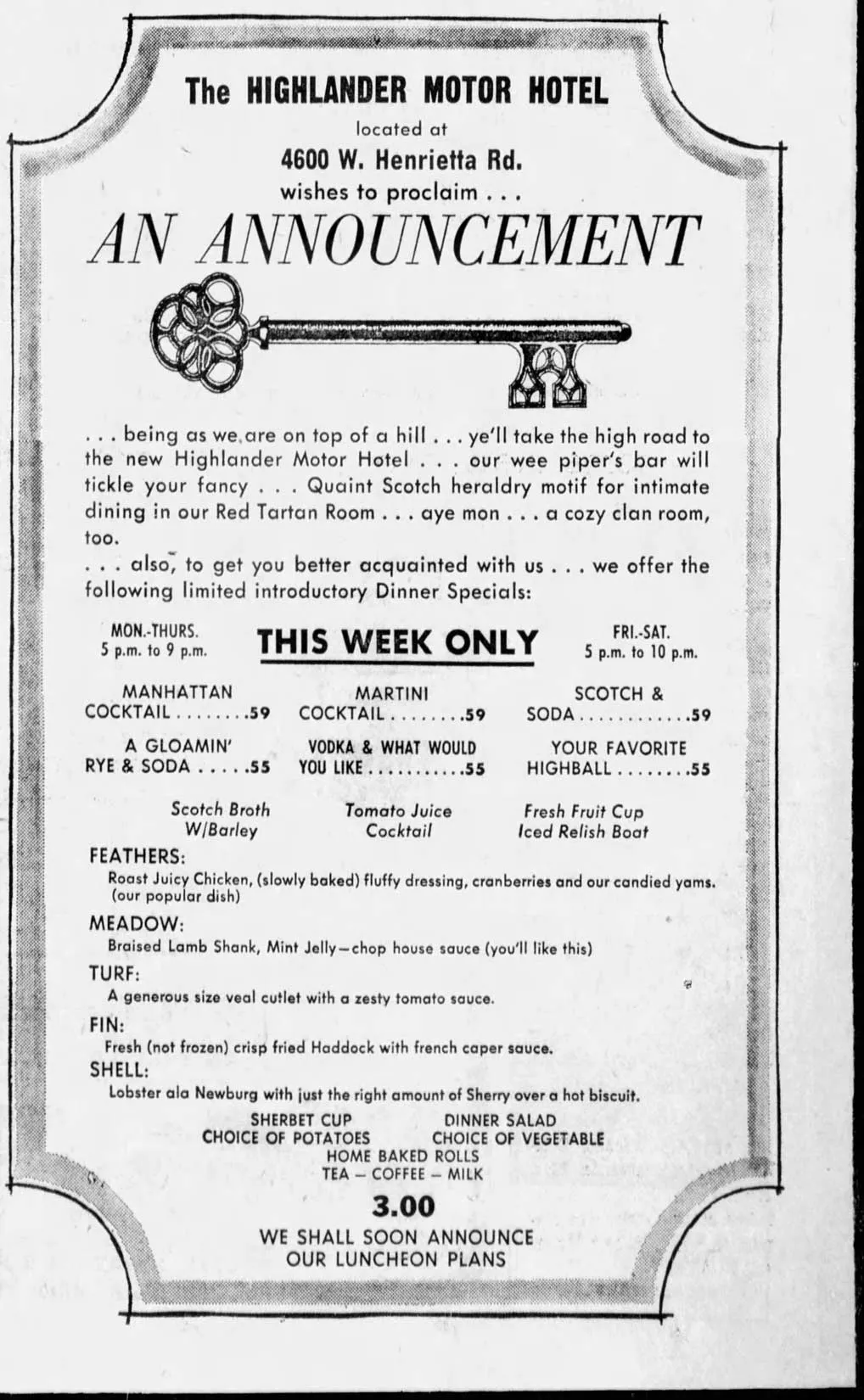 1967 newspaper advertisement for the Highlander Motor Hotel in Henrietta, New York