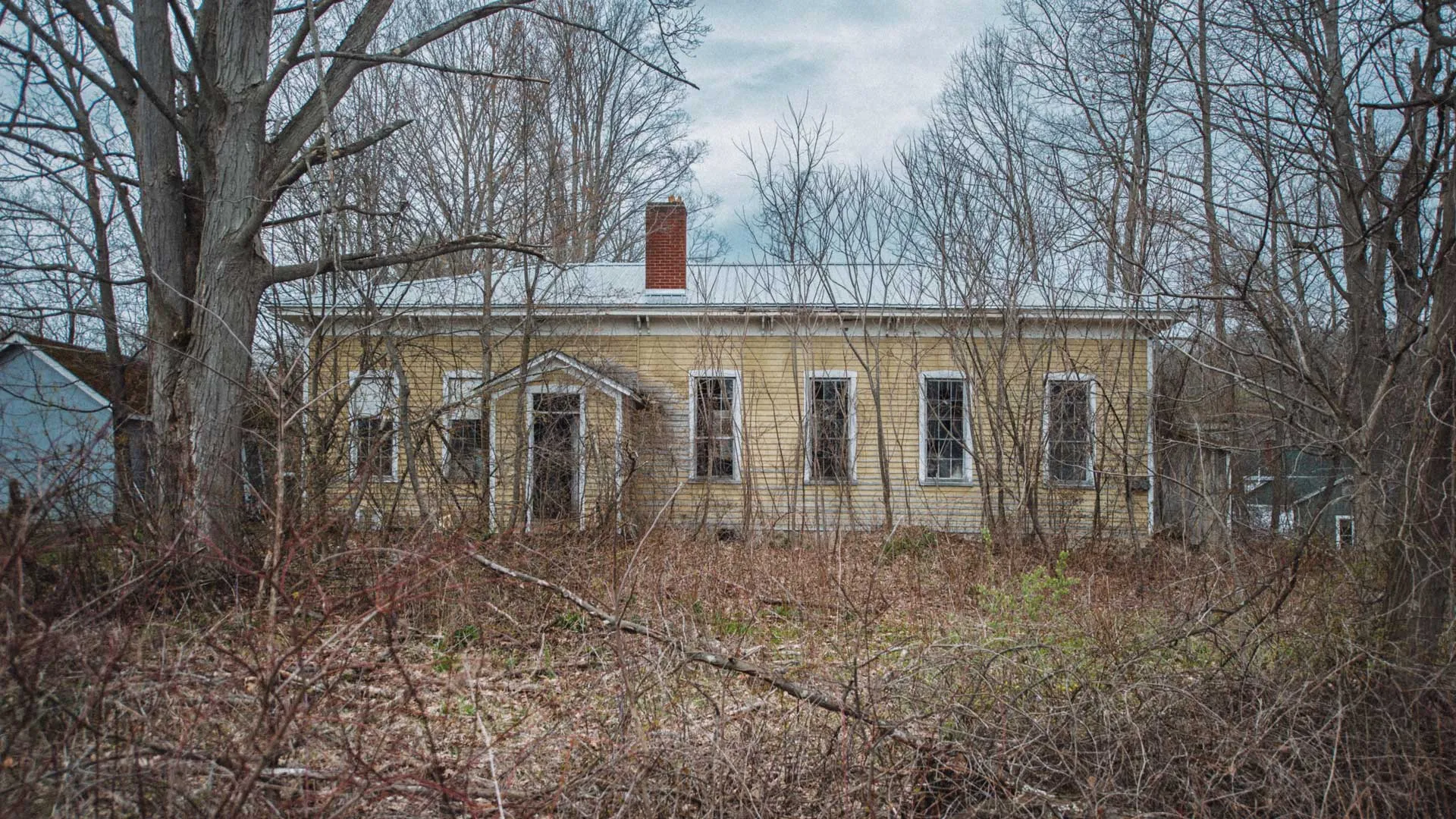 South exterior wall of the abandoned Wiscoy Schoolhouse in Allegany County, New York