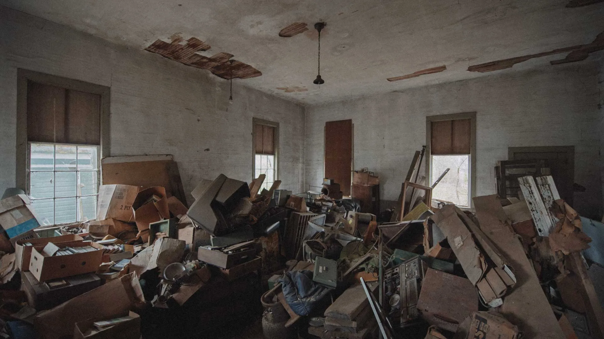 Small classroom at Wiscoy School filled with boxes and stored items